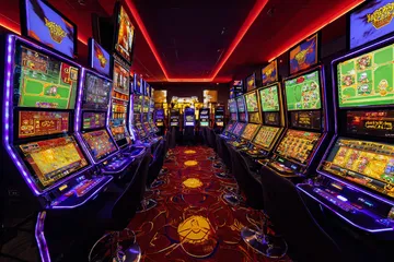 A woman smiling by bright slot machines showing lucky symbols, showcasing the exciting slot offerings at AMJILI.