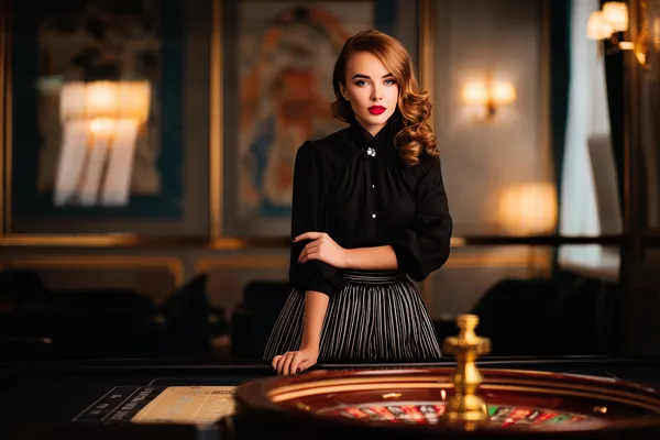 A confident dealer surrounded by casino chips inviting players to access their AMJILI account, reflecting quick and easy login options.